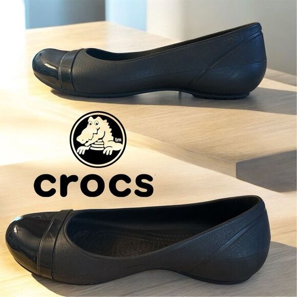 Crocs Women's Ballet Flats Black Patent Cap Toe Comfortable Slip On - Picture 1 of 10